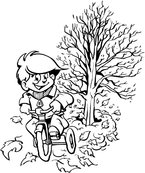 Boy riding bike by falling leaves vinyl sticker. Customize on line.        Autumn Fall 006-0185  